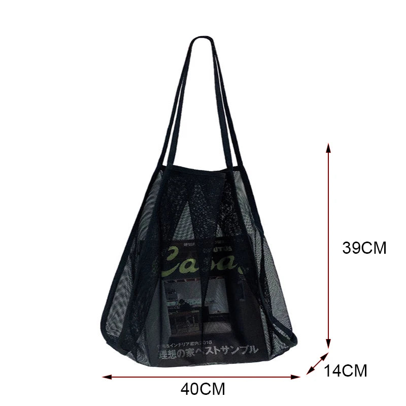 Literary Mesh Hollow Out Tote Bag for Women - Summer Beach Handbag, Large Capacity Shoulder Bag, Student Bookbag