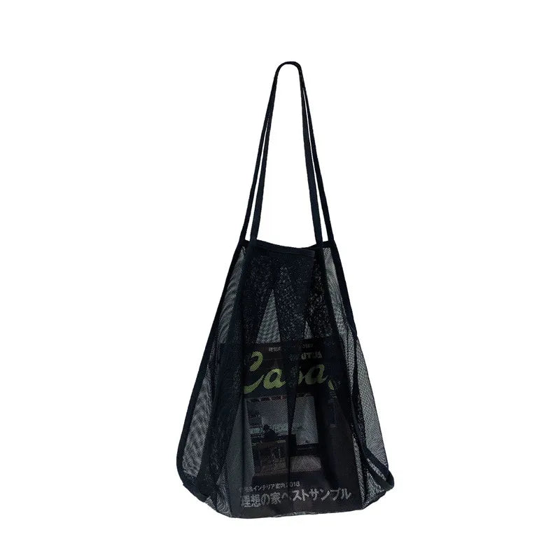 Literary Mesh Hollow Out Tote Bag for Women - Summer Beach Handbag, Large Capacity Shoulder Bag, Student Bookbag