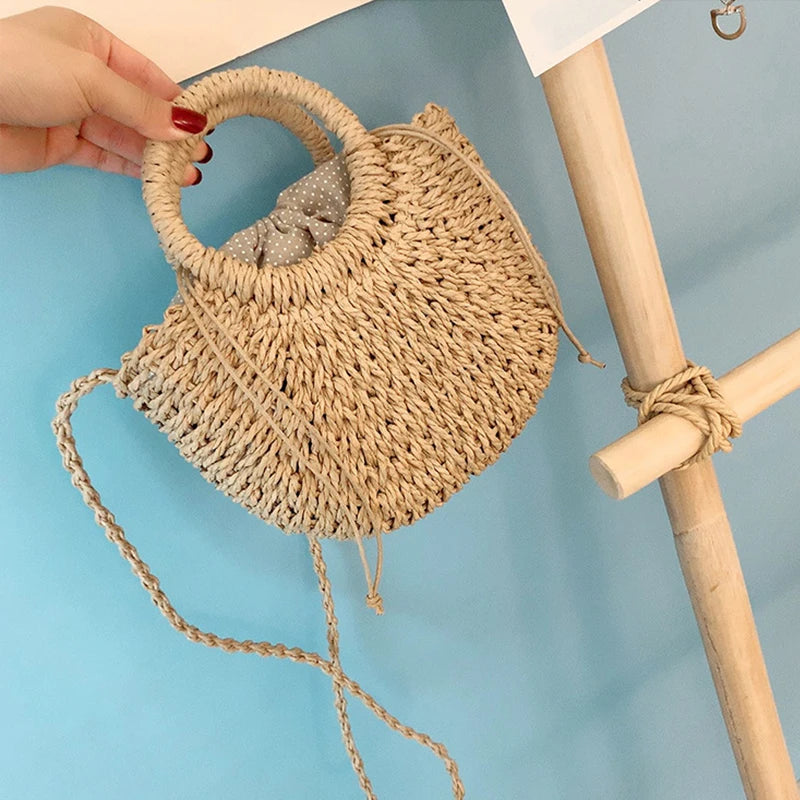 Boho Half-Moon Rattan Beach Bag – Large Capacity Woven Shoulder Tote for Summer & Travel