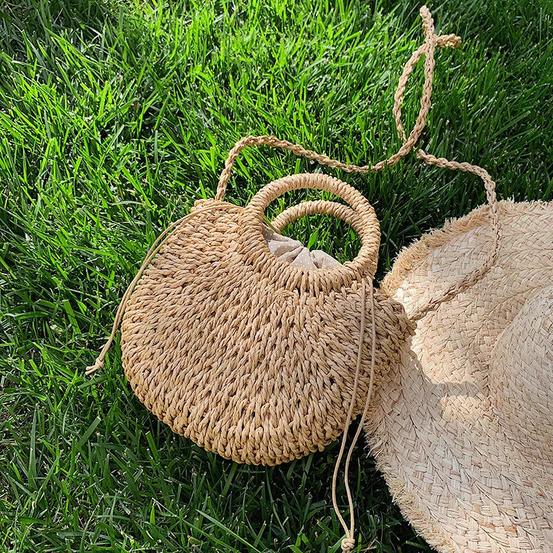 Boho Half-Moon Rattan Beach Bag – Large Capacity Woven Shoulder Tote for Summer & Travel