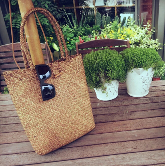 Fashion Women's Summer Straw Large Tote Bag - Beach Casual Shoulder Handbag, Handmade Basket Storage Shopping Bag