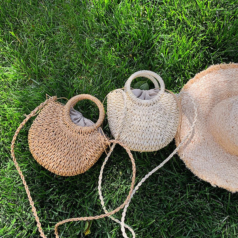 Boho Half-Moon Rattan Beach Bag – Large Capacity Woven Shoulder Tote for Summer & Travel