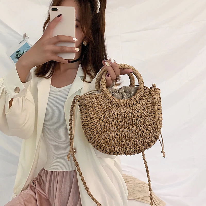 Boho Half-Moon Rattan Beach Bag – Large Capacity Woven Shoulder Tote for Summer & Travel