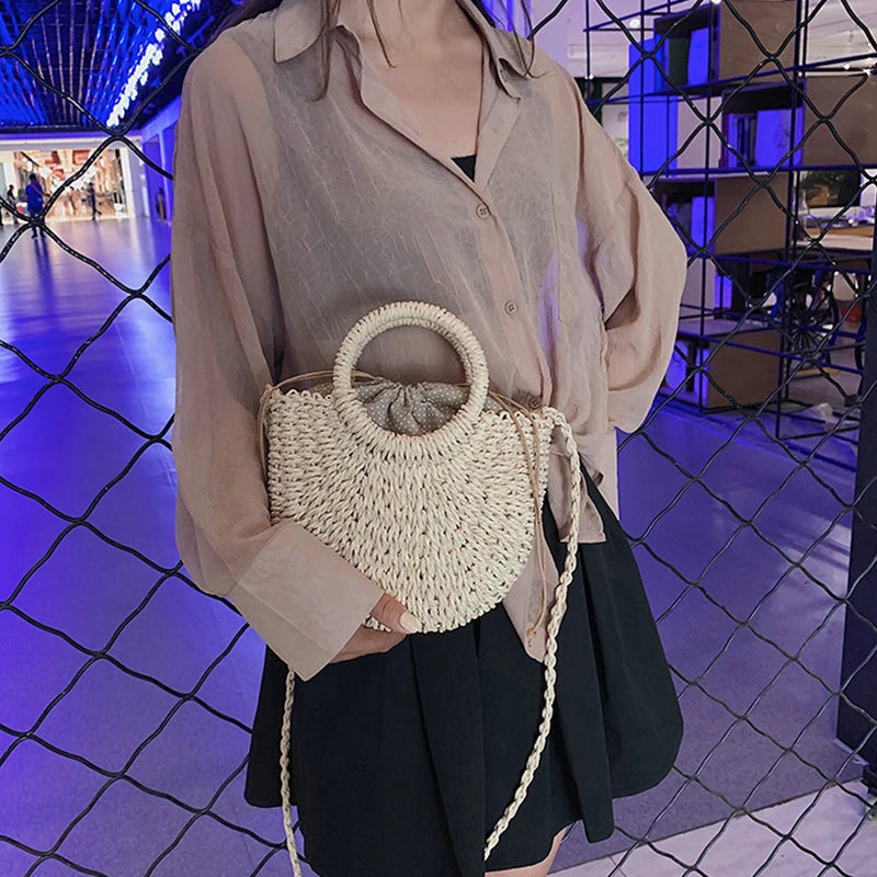 Boho Half-Moon Rattan Beach Bag – Large Capacity Woven Shoulder Tote for Summer & Travel