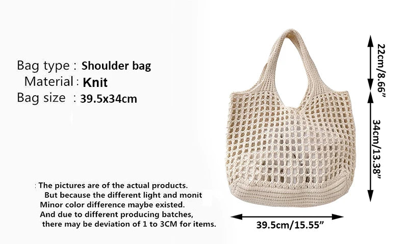 Knitted Hollow Shoulder Bag - Underarm Bag, Large Capacity Crochet Shopping Tote, Casual Beach Bag, Commuting Bag