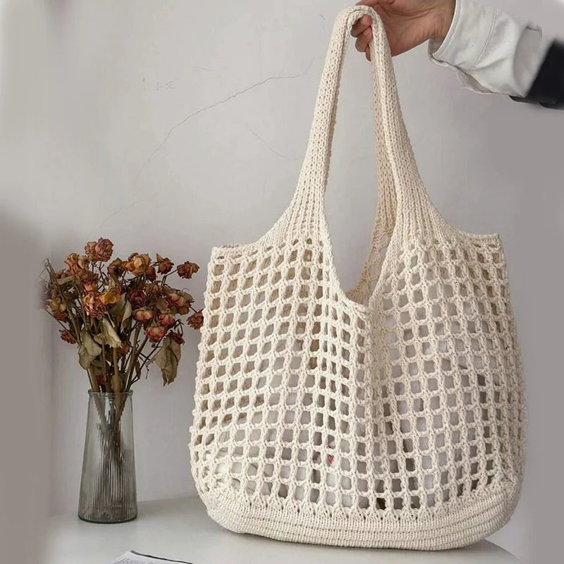 Knitted Hollow Shoulder Bag - Underarm Bag, Large Capacity Crochet Shopping Tote, Casual Beach Bag, Commuting Bag
