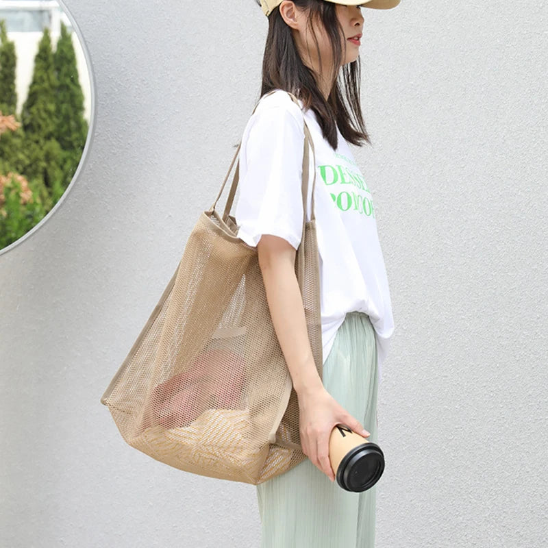 Literary Mesh Hollow Out Tote Bag for Women - Summer Beach Handbag, Large Capacity Shoulder Bag, Student Bookbag