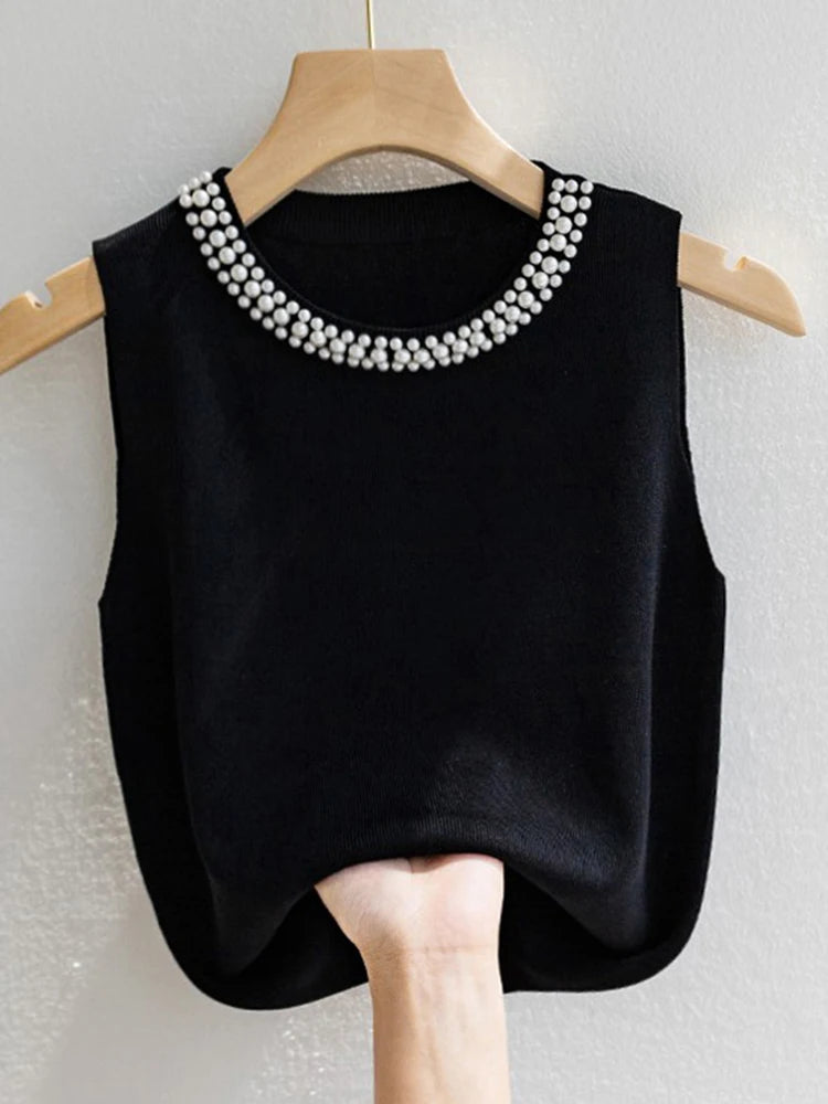 Korean-Style Beaded Knitted Tank Top – Chic Sleeveless Summer Vest for Women