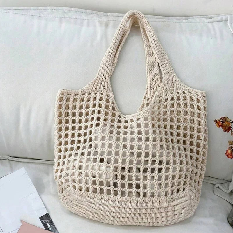 Knitted Hollow Shoulder Bag - Underarm Bag, Large Capacity Crochet Shopping Tote, Casual Beach Bag, Commuting Bag
