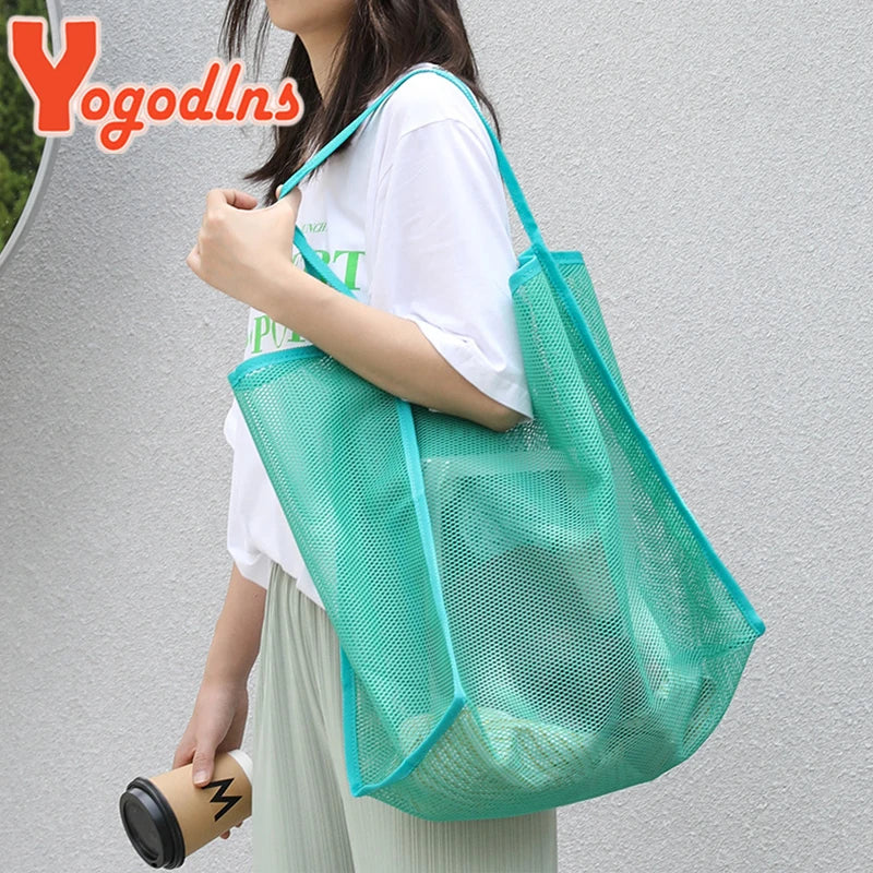 Literary Mesh Hollow Out Tote Bag for Women - Summer Beach Handbag, Large Capacity Shoulder Bag, Student Bookbag