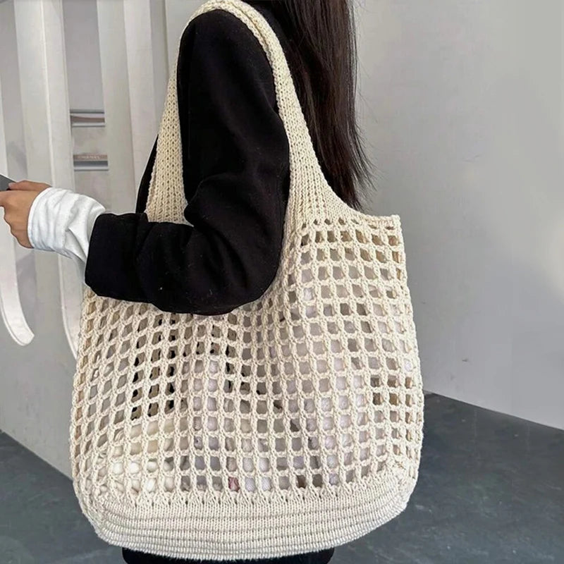 Knitted Hollow Shoulder Bag - Underarm Bag, Large Capacity Crochet Shopping Tote, Casual Beach Bag, Commuting Bag