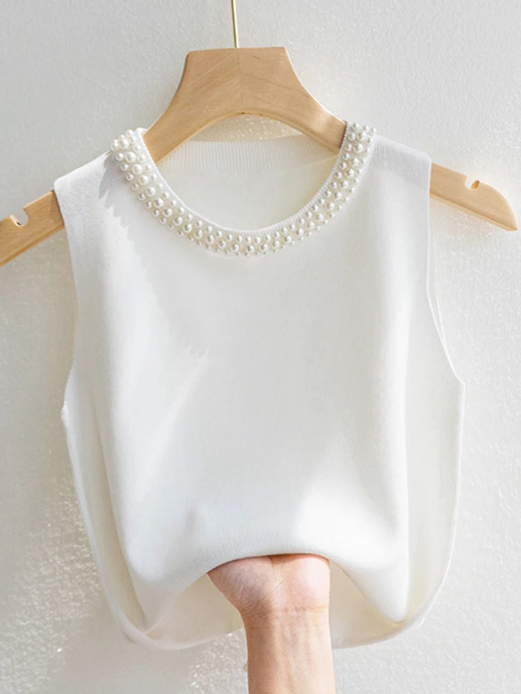 Korean-Style Beaded Knitted Tank Top – Chic Sleeveless Summer Vest for Women