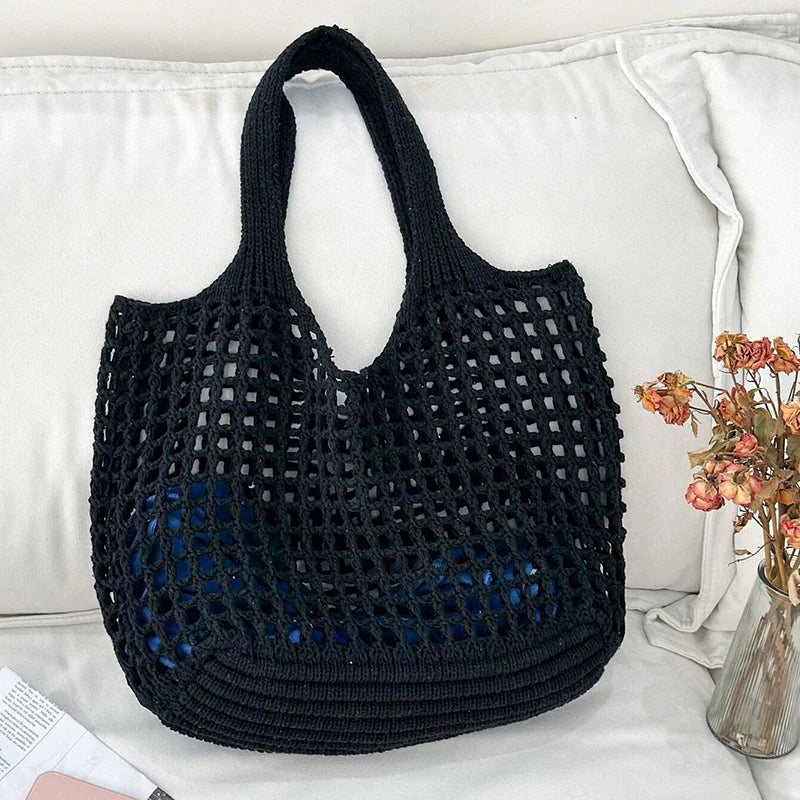Knitted Hollow Shoulder Bag - Underarm Bag, Large Capacity Crochet Shopping Tote, Casual Beach Bag, Commuting Bag