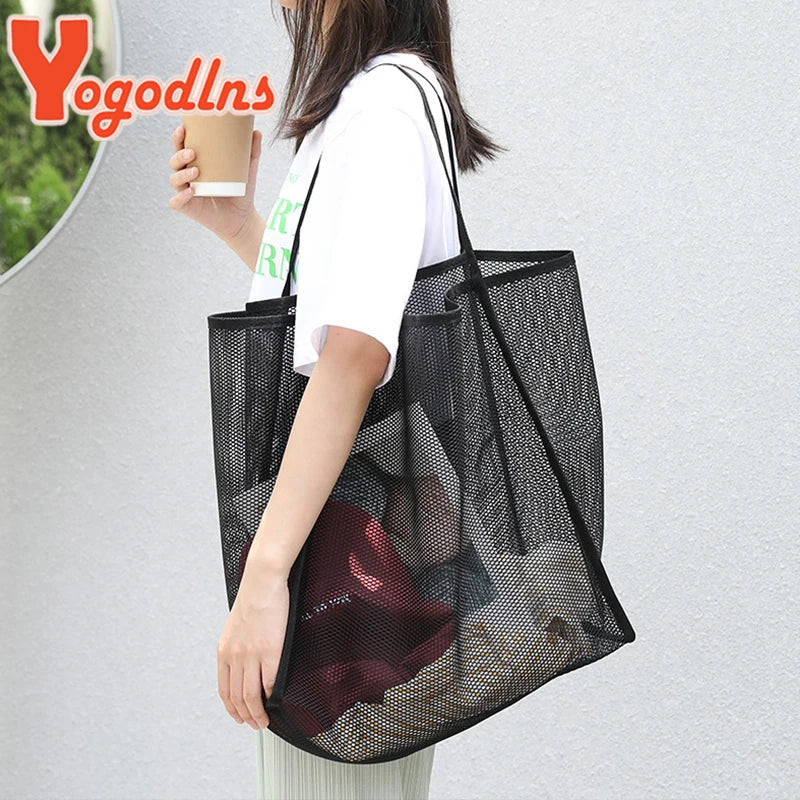 Literary Mesh Hollow Out Tote Bag for Women - Summer Beach Handbag, Large Capacity Shoulder Bag, Student Bookbag