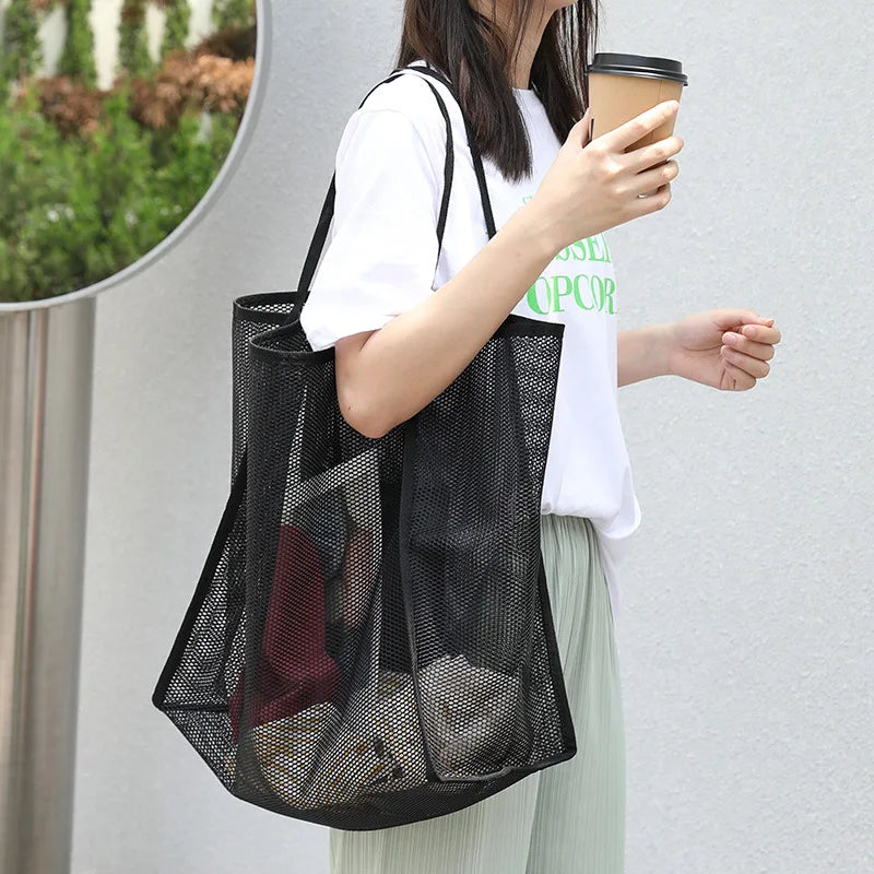Literary Mesh Hollow Out Tote Bag for Women - Summer Beach Handbag, Large Capacity Shoulder Bag, Student Bookbag
