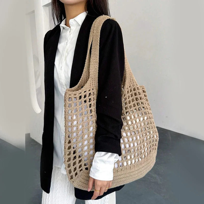 Knitted Hollow Shoulder Bag - Underarm Bag, Large Capacity Crochet Shopping Tote, Casual Beach Bag, Commuting Bag