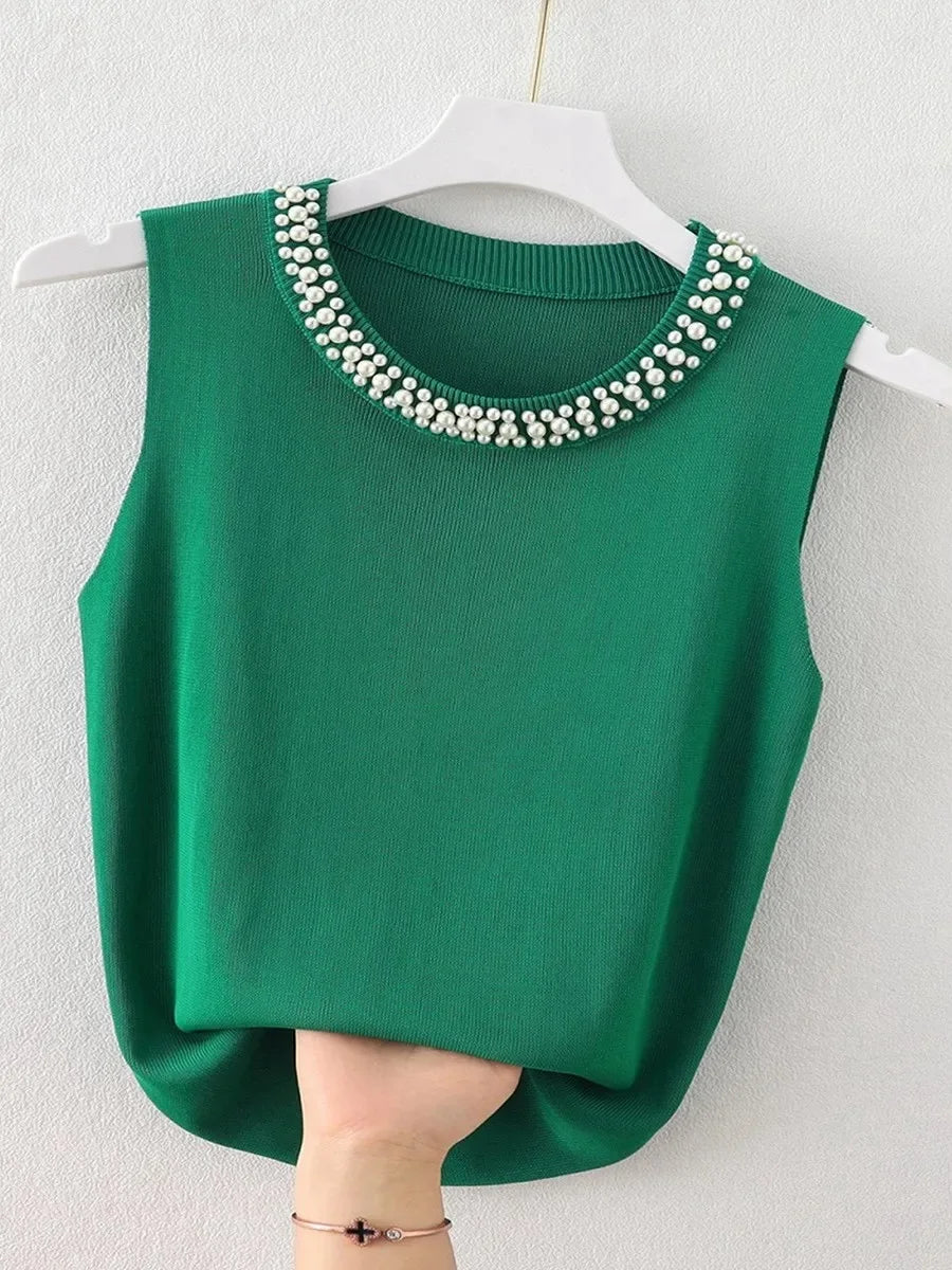 Korean-Style Beaded Knitted Tank Top – Chic Sleeveless Summer Vest for Women