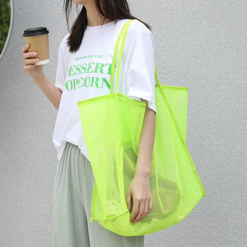 Literary Mesh Hollow Out Tote Bag for Women - Summer Beach Handbag, Large Capacity Shoulder Bag, Student Bookbag