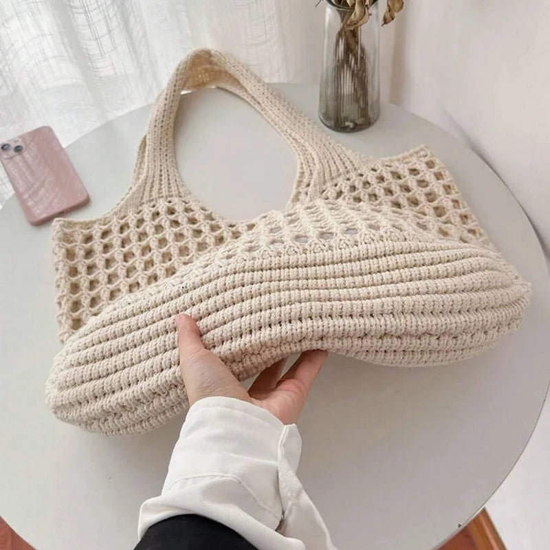 Knitted Hollow Shoulder Bag - Underarm Bag, Large Capacity Crochet Shopping Tote, Casual Beach Bag, Commuting Bag