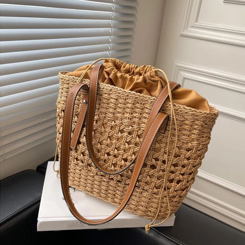 Designer Casual Rattan Wicker Tote Bag - Large Capacity Woven Women's Summer Beach Straw Handbag, Lady Travel Big Basket