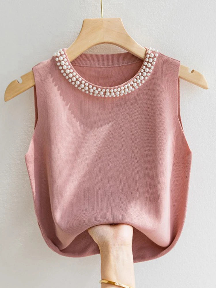 Korean-Style Beaded Knitted Tank Top – Chic Sleeveless Summer Vest for Women