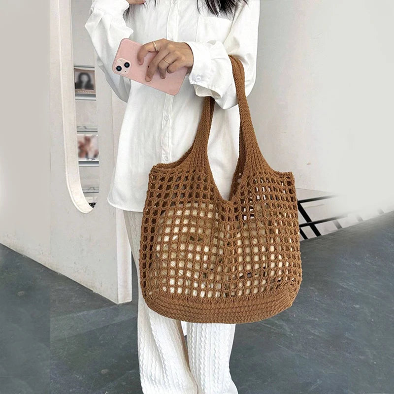 Knitted Hollow Shoulder Bag - Underarm Bag, Large Capacity Crochet Shopping Tote, Casual Beach Bag, Commuting Bag