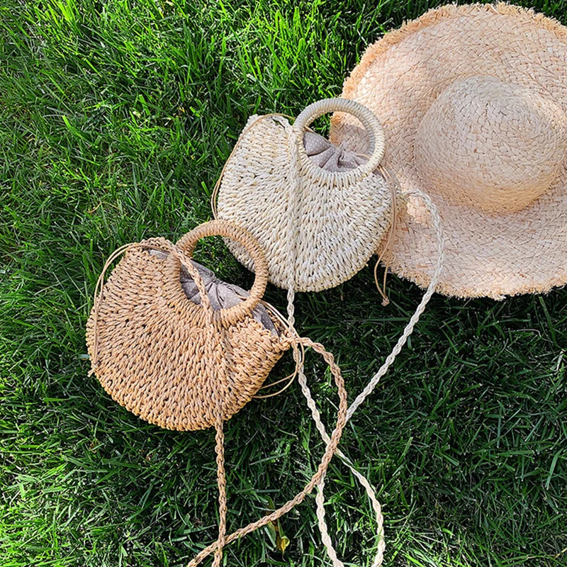 Boho Half-Moon Rattan Beach Bag – Large Capacity Woven Shoulder Tote for Summer & Travel