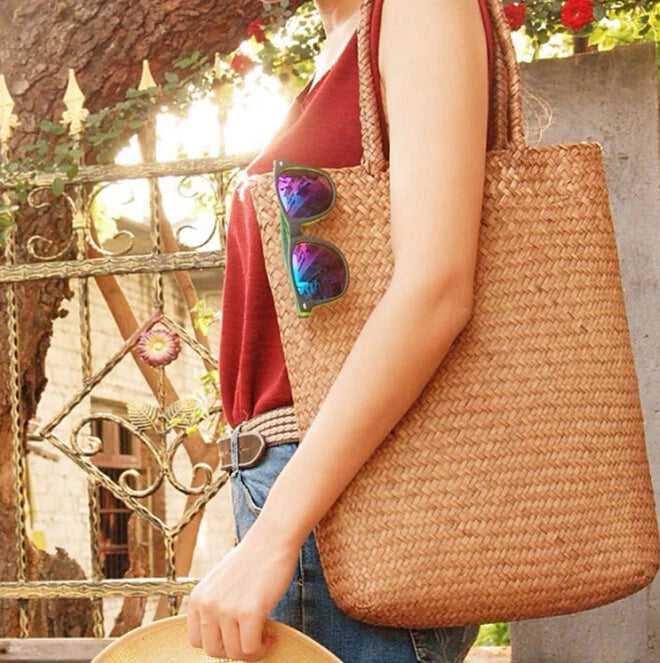 Fashion Women's Summer Straw Large Tote Bag - Beach Casual Shoulder Handbag, Handmade Basket Storage Shopping Bag