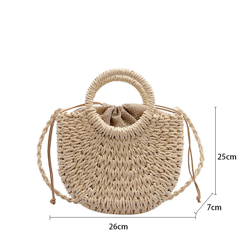 Boho Half-Moon Rattan Beach Bag – Large Capacity Woven Shoulder Tote for Summer & Travel