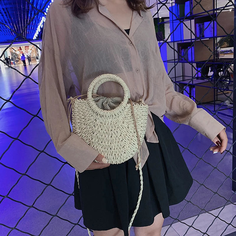 Boho Half-Moon Rattan Beach Bag – Large Capacity Woven Shoulder Tote for Summer & Travel