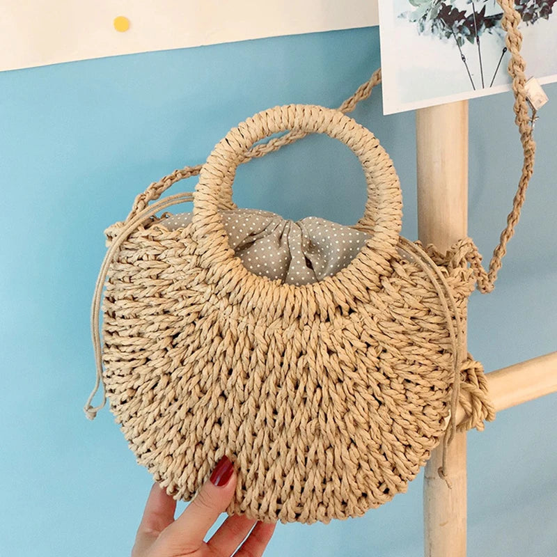 Boho Half-Moon Rattan Beach Bag – Large Capacity Woven Shoulder Tote for Summer & Travel