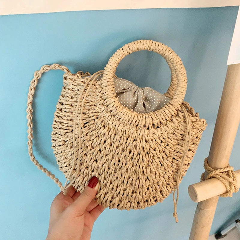 Boho Half-Moon Rattan Beach Bag – Large Capacity Woven Shoulder Tote for Summer & Travel