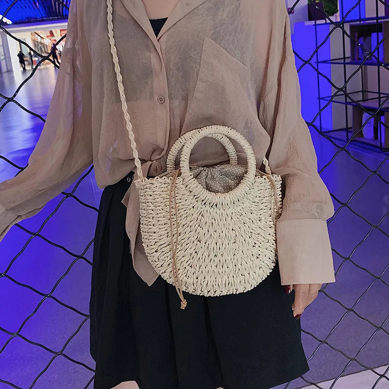 Boho Half-Moon Rattan Beach Bag – Large Capacity Woven Shoulder Tote for Summer & Travel