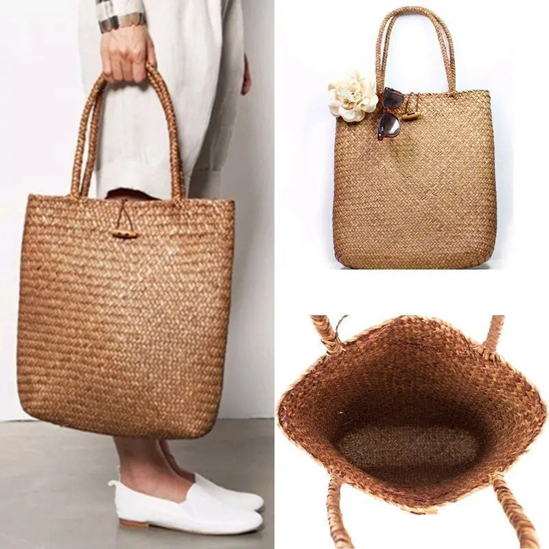 Fashion Women's Summer Straw Large Tote Bag - Beach Casual Shoulder Handbag, Handmade Basket Storage Shopping Bag
