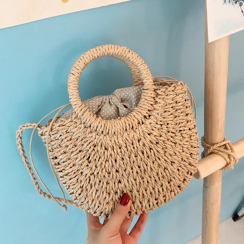 Boho Half-Moon Rattan Beach Bag – Large Capacity Woven Shoulder Tote for Summer & Travel