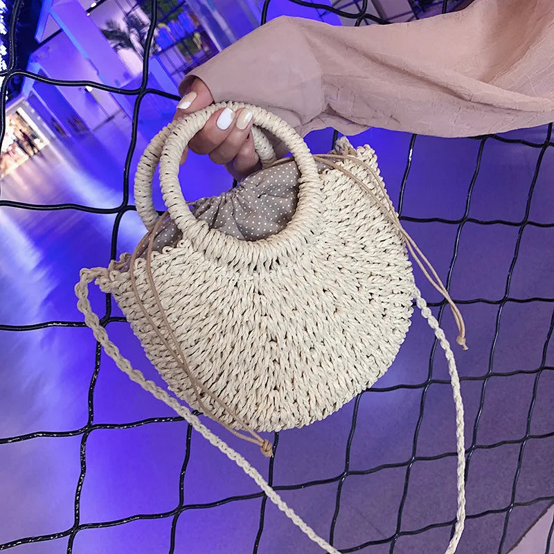 Boho Half-Moon Rattan Beach Bag – Large Capacity Woven Shoulder Tote for Summer & Travel