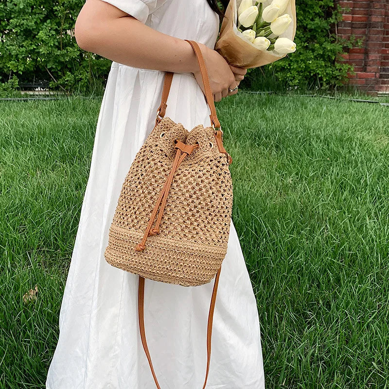 Woven Straw Bag Ladies Bucket Crossbody - Summer Beach Bag, Retro Travel Shoulder Bag, Small Purse and Handbag for Women