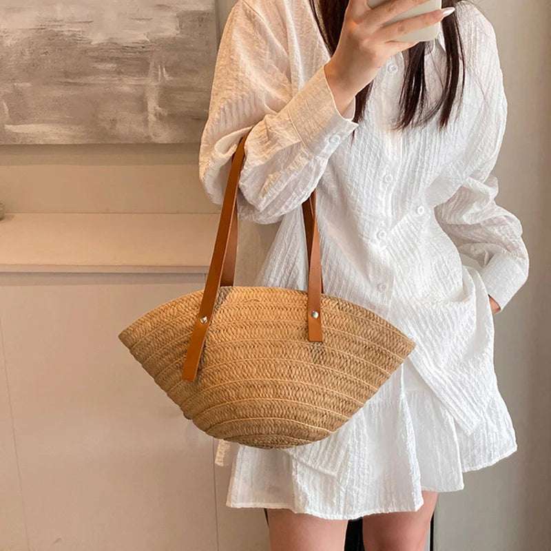 Women’s Braided Basket Top-Handle Bag - Large Capacity Straw Portable Shoulder Bag, Summer Beach Purses, Shopper Satchel