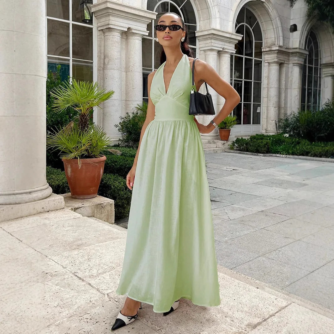 Tornova V neck Bandage Long Dress With Lined Women Fashion Pure Cotton Halter A-line Maxi Dress