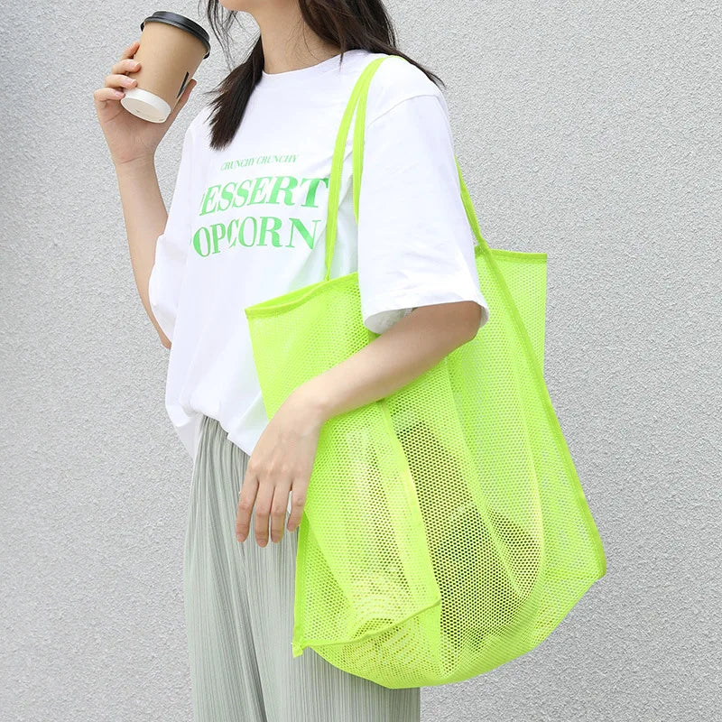 Literary Mesh Hollow Out Tote Bag for Women - Summer Beach Handbag, Large Capacity Shoulder Bag, Student Bookbag