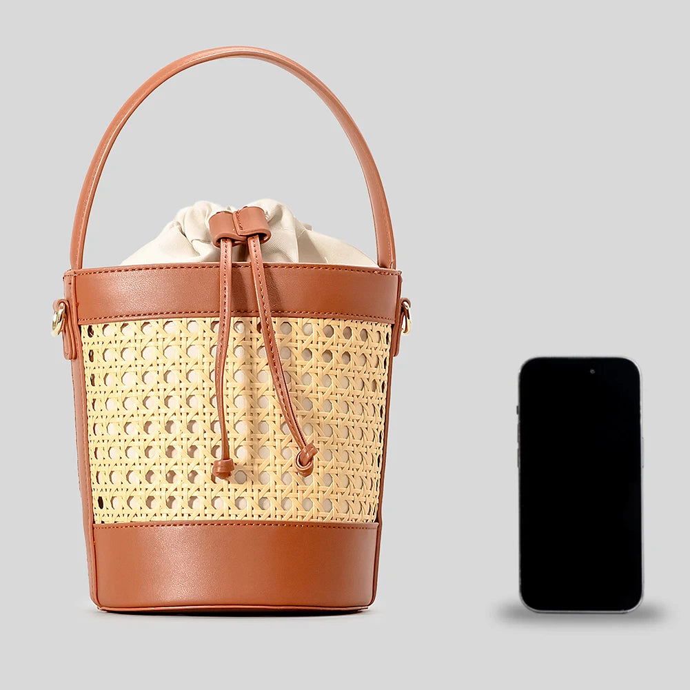 Straw Beach Bag with PU Leather Bucket Design - Summer Hollow Shoulder Bag, Holiday Travel Handbag for Women