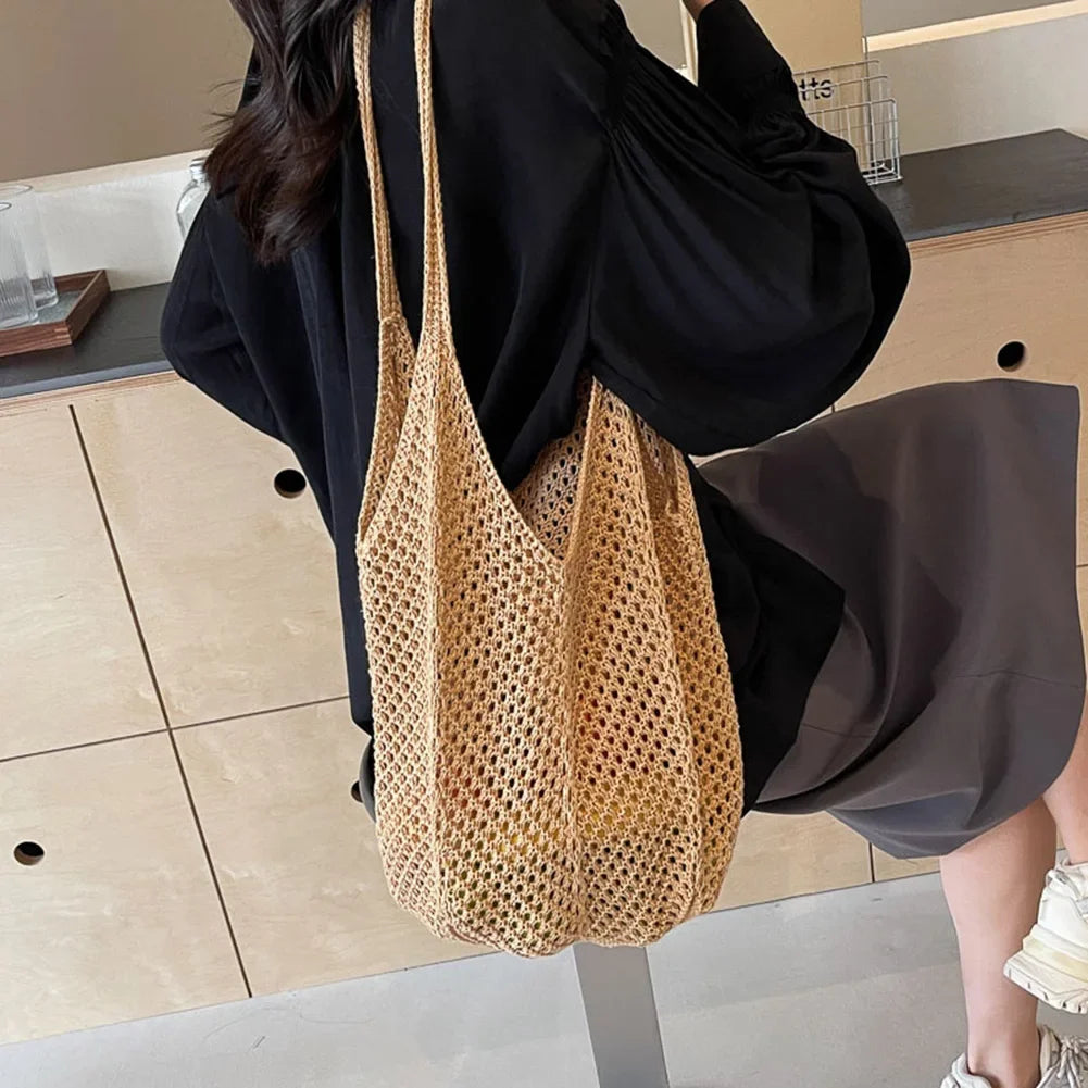 Fashion Women's Hollow Woven Shoulder Bags - Large Capacity Knitting Underarm Bag, Solid Crochet Tote Handbag, Summer Mesh Beach Bag