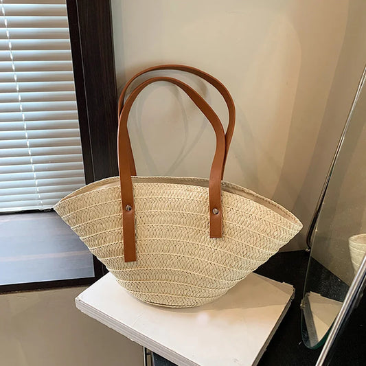 Women’s Braided Basket Top-Handle Bag - Large Capacity Straw Portable Shoulder Bag, Summer Beach Purses, Shopper Satchel