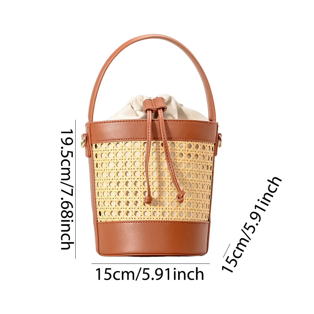 Straw Beach Bag with PU Leather Bucket Design - Summer Hollow Shoulder Bag, Holiday Travel Handbag for Women
