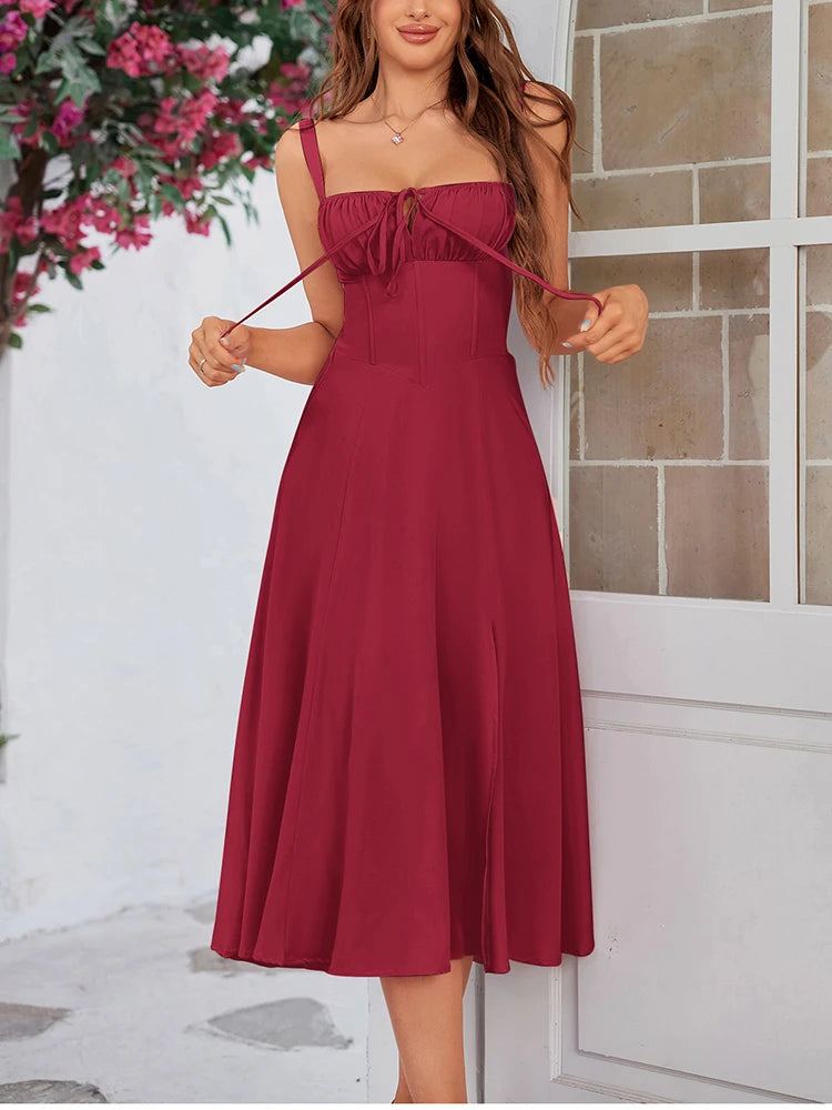 Chiffon Cut-Out Corset Midi Dress – Elegant, Flowy & Perfect for Summer Evenings