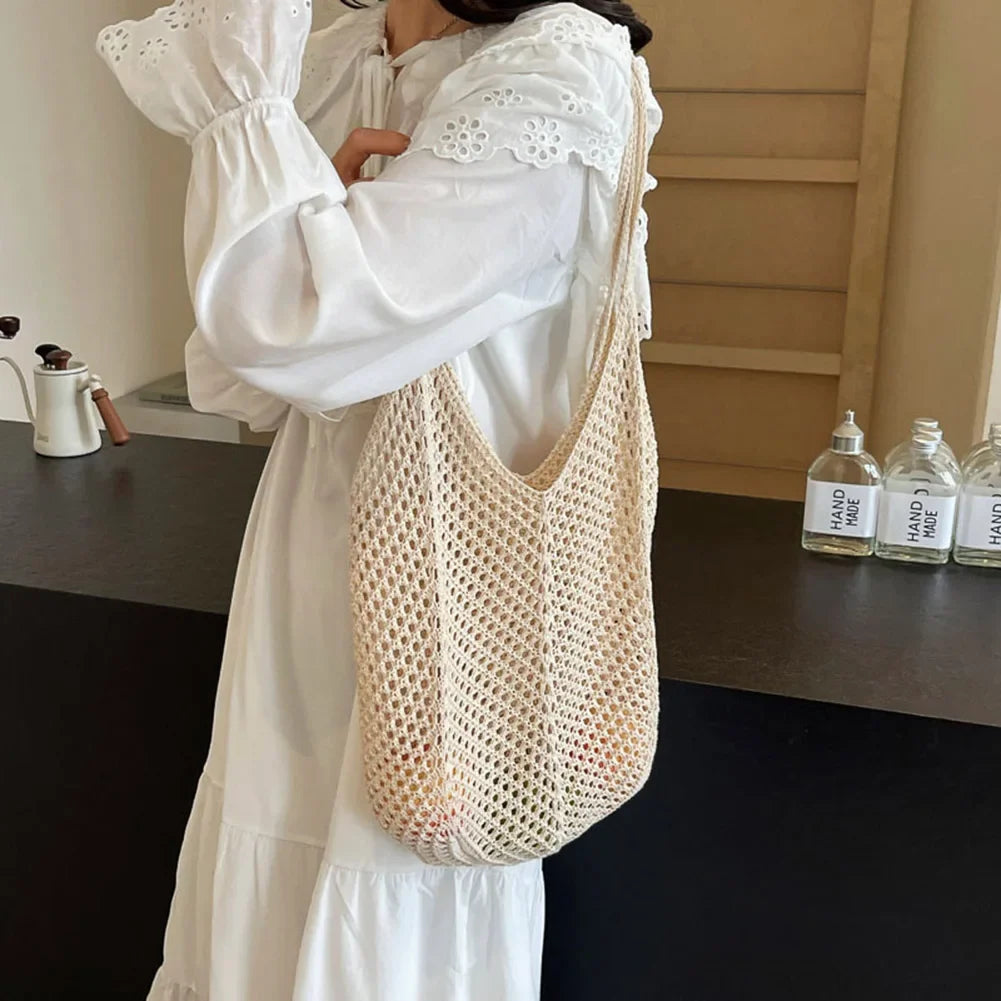 Fashion Women's Hollow Woven Shoulder Bags - Large Capacity Knitting Underarm Bag, Solid Crochet Tote Handbag, Summer Mesh Beach Bag