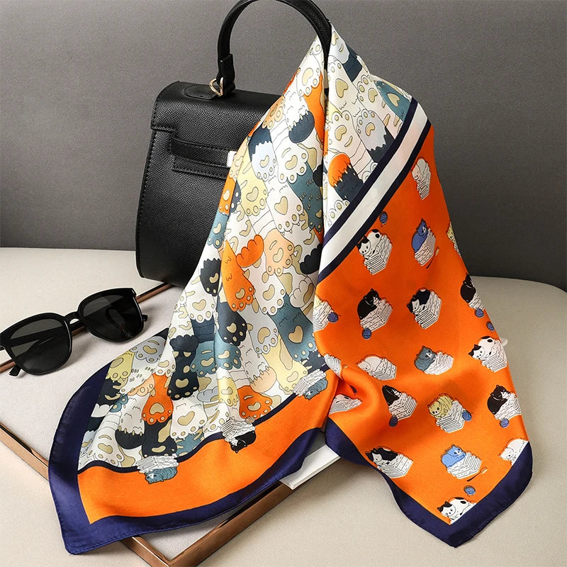 Luxury Silk Satin Head Scarf – Printed 70x70 -  Square Shawl for Women