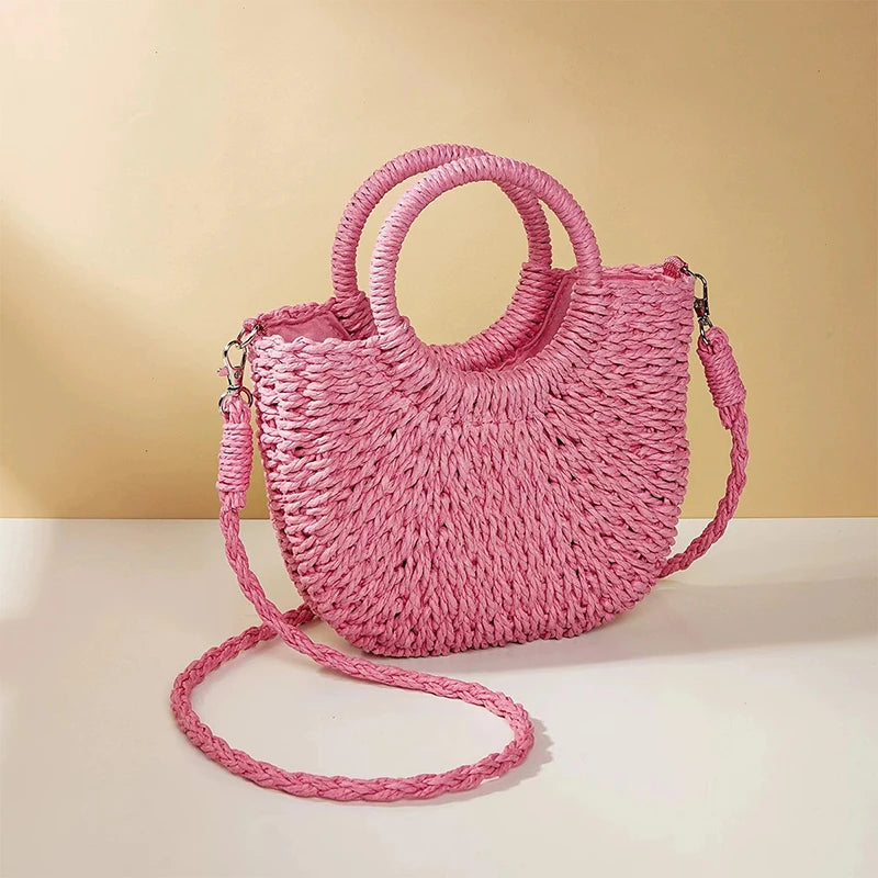 Boho Half-Moon Rattan Beach Bag – Large Capacity Woven Shoulder Tote for Summer & Travel