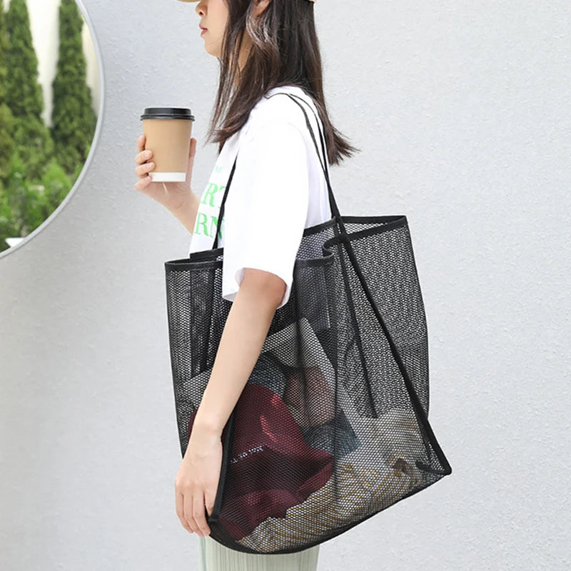 Literary Mesh Hollow Out Tote Bag for Women - Summer Beach Handbag, Large Capacity Shoulder Bag, Student Bookbag