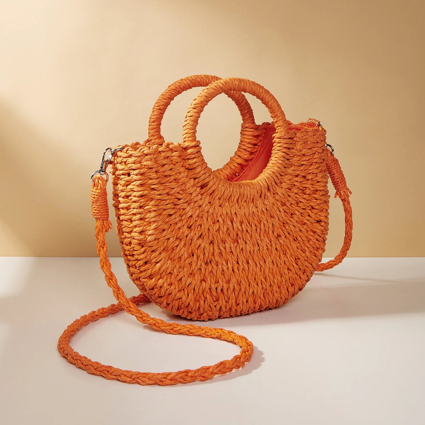 Boho Half-Moon Rattan Beach Bag – Large Capacity Woven Shoulder Tote for Summer & Travel